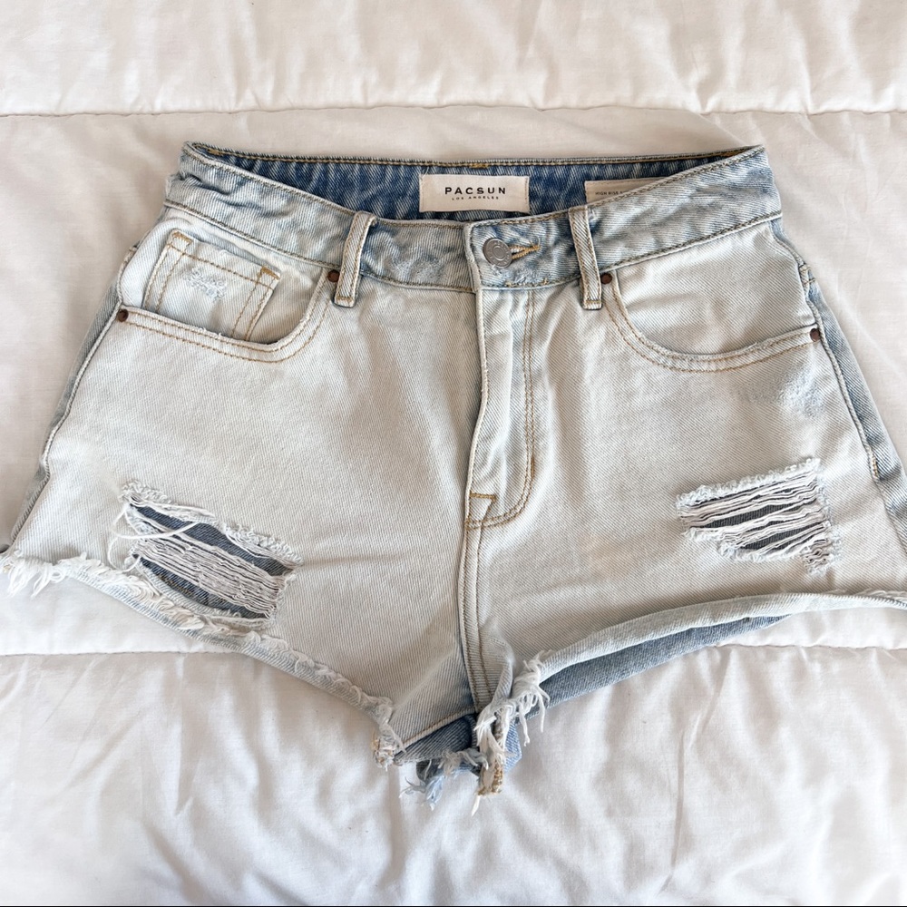 Light Wash Color Block Distressed Denim Shorts - Picture 1 of 5